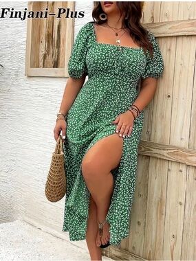 Green Floral Square-Neck Puff-Sleeve Maxi Dress